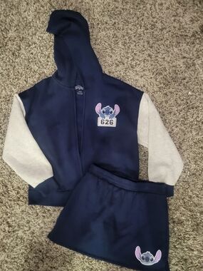 Disney Girls 14/16 Navy and Light Gray Stitch Hoodie & Skorts Set